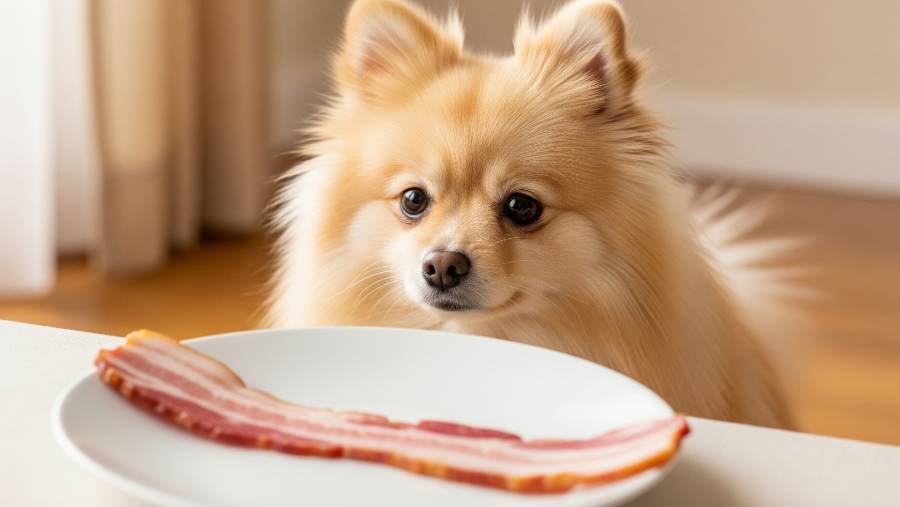 A Pomeranian dog looking curiously at a strip of bacon.