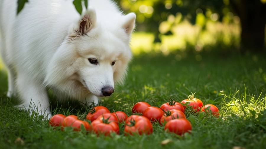 A fluffy white Samoyed dog looking at a few ripe, red tomatoes.