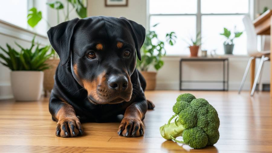 Rottweiler dog looking at a head of broccoli.