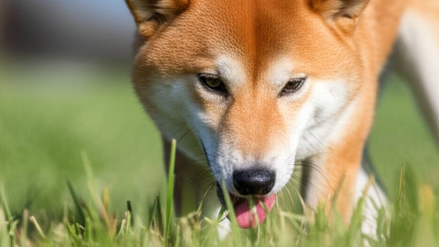 A Shiba Inu dog gently nibbling on blades of green grass