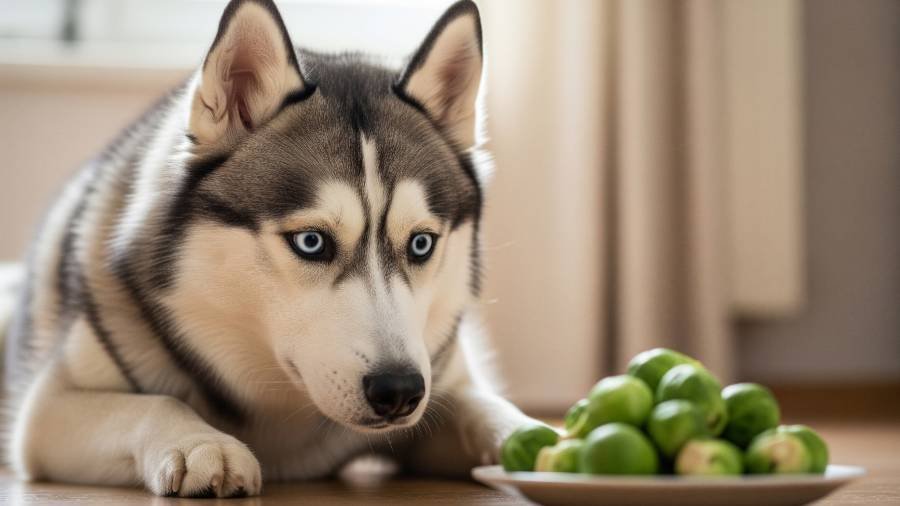 A Siberian Husky dog looking curiously at a bowl of Brussels sprouts.