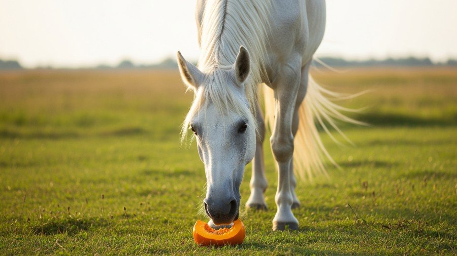 A beautiful white horse with a flowing mane is gently eating a slice of orange pumpkin.
